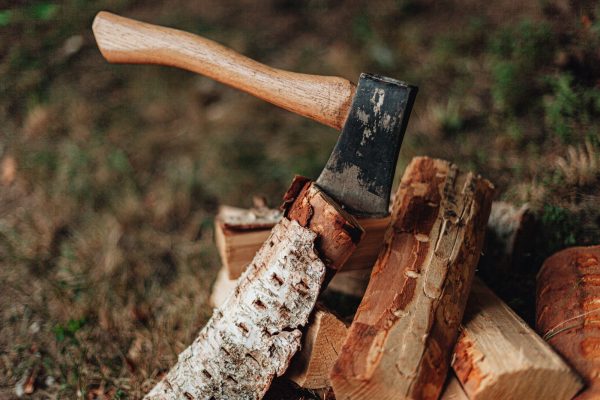 shopping fire wood, axe in a piece of firewood next to fire